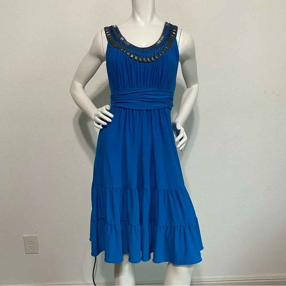 Jones New York Dress Tiered Embellished Scooped Neckline Sleeveless Blue